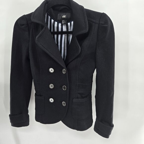 H&M Cotton Blend Black White Lined Double Breasted Crop Jacket Size 2 - Picture 1 of 14